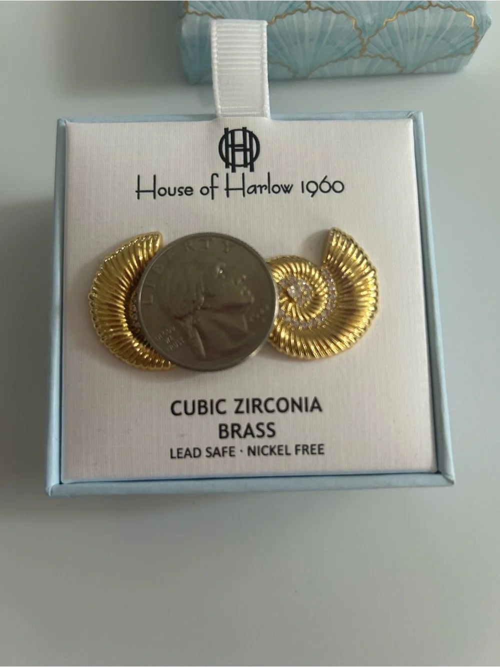 House of Harlow 1960 Cubic Zirconia Brass Shell Stud Earrings Gold NWT
